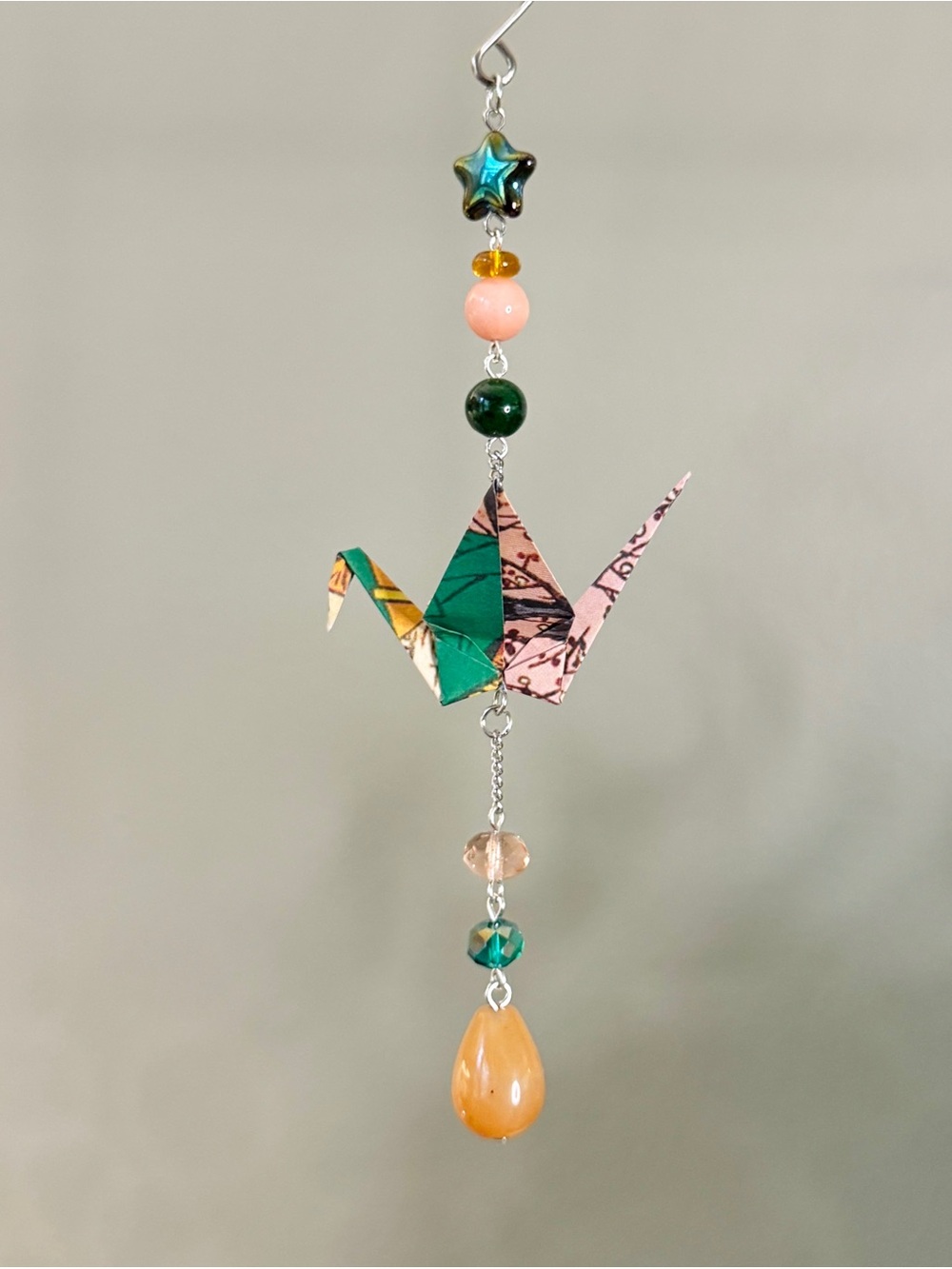 Origami Ornament #2548 - Small Crane with Glass and Stone Beads